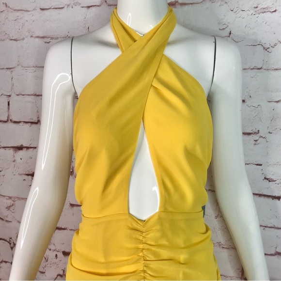 Forever 21 BELEARIC BEACH L Halter Ruched Fringe Trim Yellow Minidress Large - Picture 8 of 14